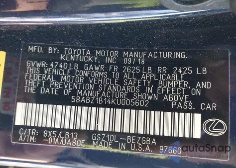 2019 Lexus Es 350 Luxury z USA, uszkodzony, nr VIN 58ABZ1B14KU005602